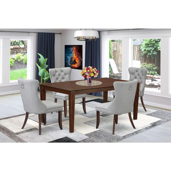 East West Furniture 5-Piece Mahogany Finish Solid Wood Top-Rectangular Upholstered Dining Room Set- Seats-4