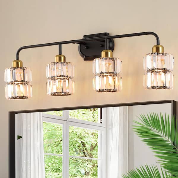 JUSHENG 29.92 in. 4-Light Black and Brass Crystal Bathroom Vanity Light with Clear Crystal Shades for Bathroom