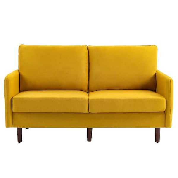 Uixe 57.11 in. W Modern Straight Arm Linen Yellow Upholstered 2-Seater Loveseat Sofa with Wood Leg