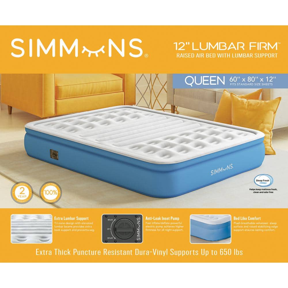 Queen White and Blue Raised Air Mattress with Built-in Pump