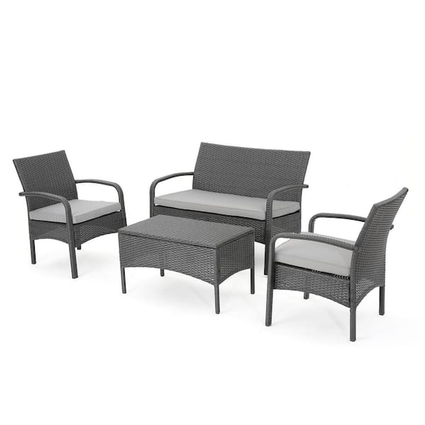 Noble House Tadeo Gray 4-Piece Faux Rattan Patio Conversation Set with Silver Cushions
