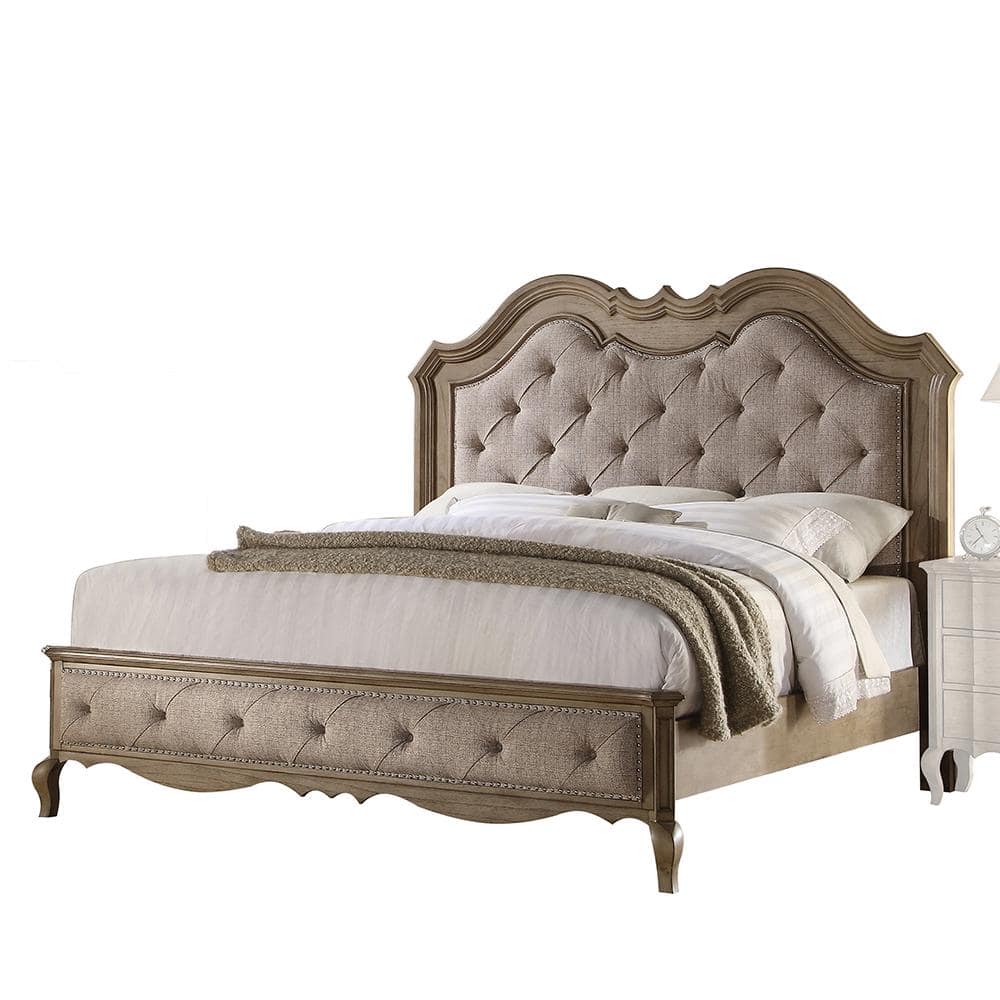 Acme Furniture Chelmsford Beige Wood Frame King Panel Bed with Nailhead ...