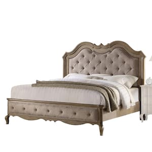 Chelmsford Beige Wood Frame King Panel Bed with Nailhead Trim, Tufted, and Solid Wood