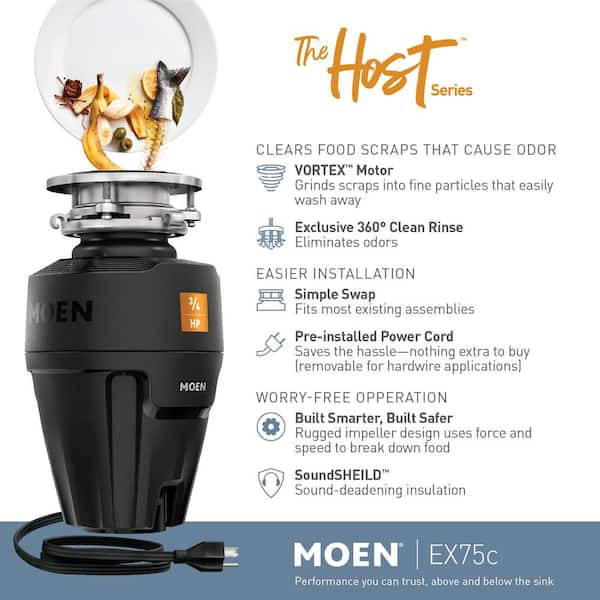 Moen GX75C Host Series 3/4 Horsepower Continuous Feed Compact Garbage  Disposal, Power Cord Included Black キッチン