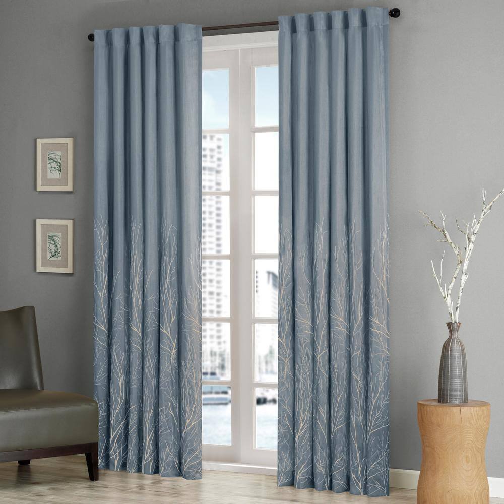 Blue Faux Silk Embroidered Puddle Length Curtain Panel