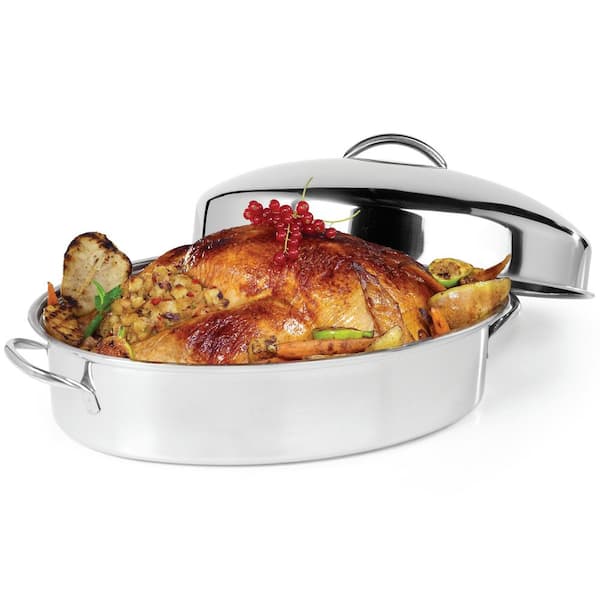 OVENTE 16 in. Silver Stainless Steel Oval Roasting Pan/Baking Tray with Lid and Rack