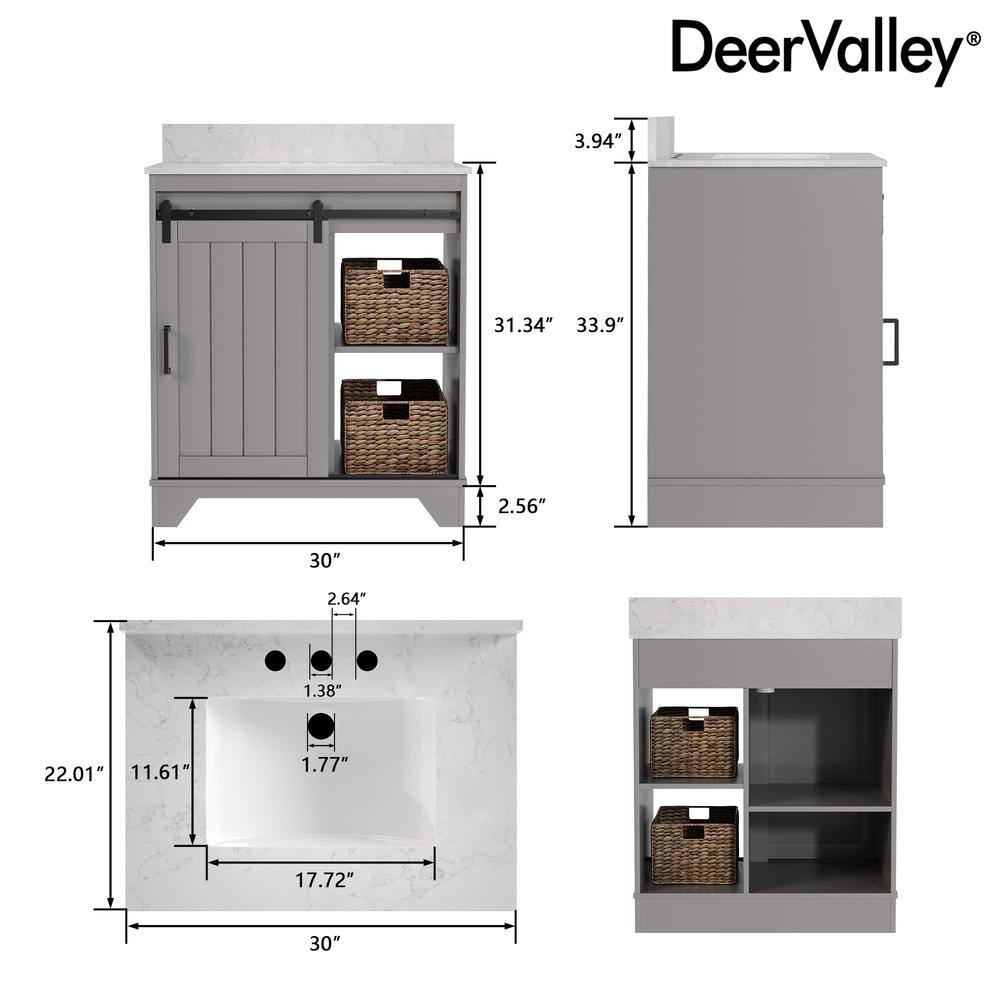 Gray 30" Freestanding Bathroom Vanity with Ceramic Sink and Storage Baskets