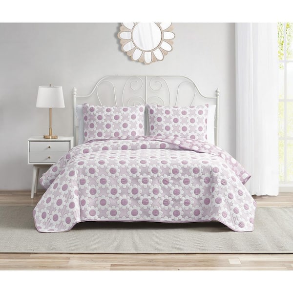 Daisy Flower Lilac 3-Piece Soft Matelasse Jacquard Cotton Blend Quilt Set - Full/Queen