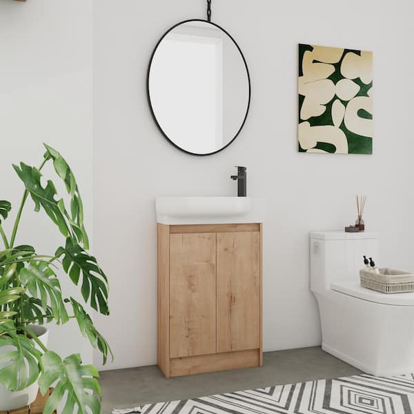 Modern 22.8 in. W x 12.4 in. D x 35.1 in. H Single Sink Freestanding Bath Vanity in Imitative Oak with White Ceramic Top