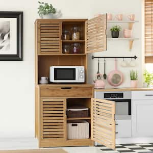 Wood Color Natural Bamboo Kitchen Pantry Cabinet Storage with Buffet Cupboard and Microwave Stand