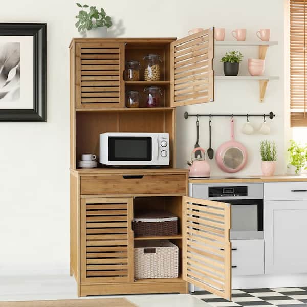VEIKOUS Wood Color Natural Bamboo Kitchen Pantry Cabinet Storage with Buffet Cupboard and Microwave Stand