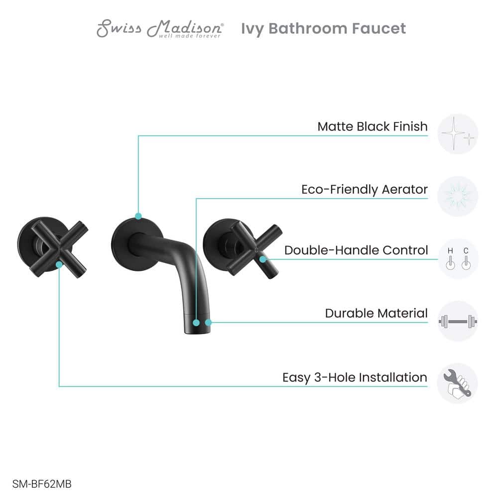 Ivy Matte Black Brass Wall-Mount Double Handle Bathroom Faucet
