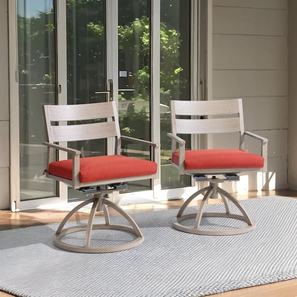 Woodgrain Aluminum Outdoor Dining Chair with Sunbrella Red Cushion (2-Pack)