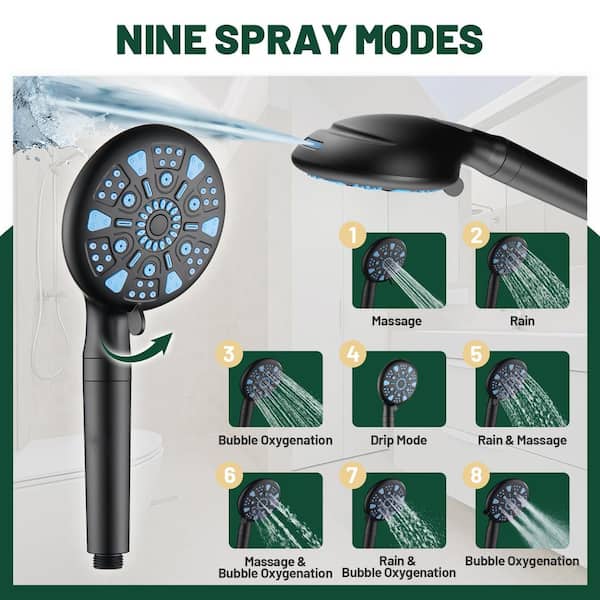 Rainfull 2-in-1 9-Spray Patterns Adjustable Fixed Dual Shower Head with Filter 1.8 GPM and Handheld Shower Head in Black