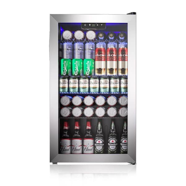 18 in. Single Zone 126-Cans Freestanding/ Built-in Beverage and Wine Cooler Fridge in Silver with Reversible Door