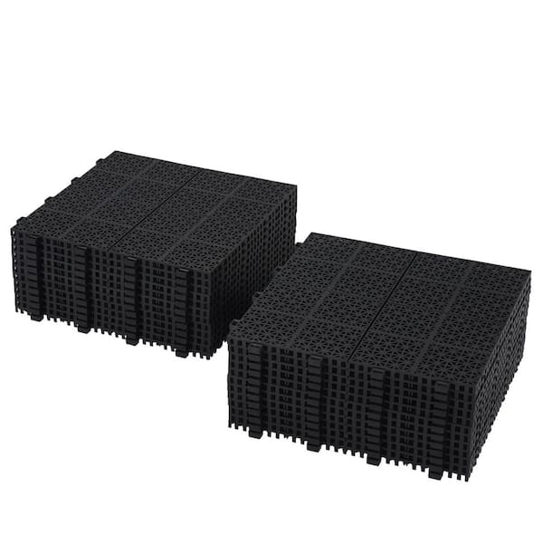 FIROMO 12 in. x 12 in. Plastic Black Rosette Pattern Interlocking Floor, Outdoor Patio Deck All-Weather Tiles (12-Pack)