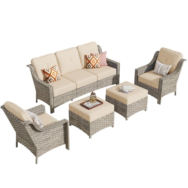 Eureka Grey 5-Piece Wicker Modern Outdoor Patio Conversation Sofa Seating Set with Beige Cushions