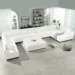 Contemporary 13 Seater Upholstered Sectional Sofa with 6 Ottoman - White Down Linen