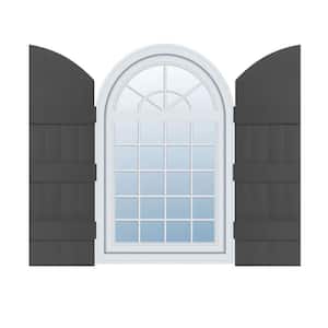 14 in. W x 73 in. H Vinyl Exterior Arch Top Joined Board and Batten Shutters Pair in Tuxedo Grey