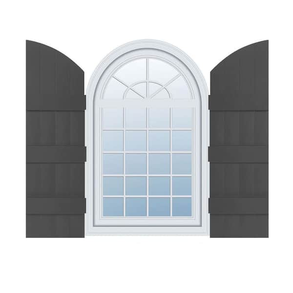 Builders Edge 14 in. W x 94 in. H Vinyl Exterior Arch Top Joined Board and Batten Shutters Pair in Tuxedo Grey