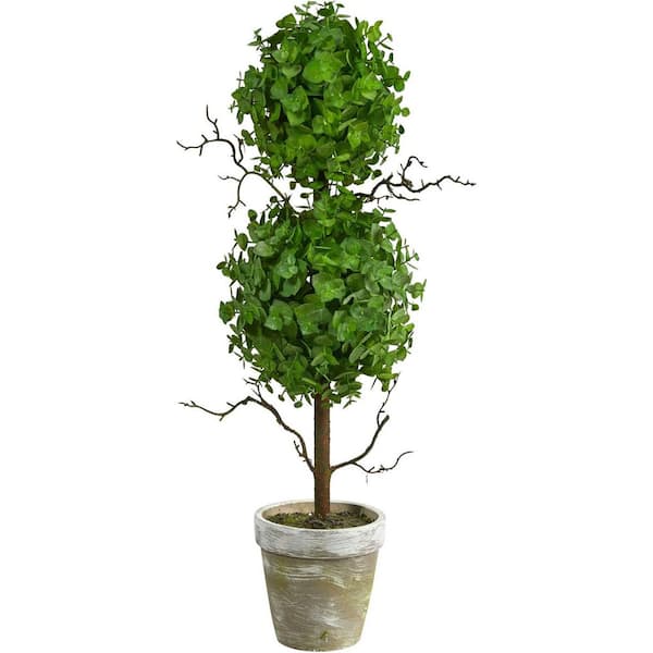 2 ft. Artificial Eucalyptus Green Double Ball Topiary Tree in Pot, Sturdy Topiary Plant for Home Decor