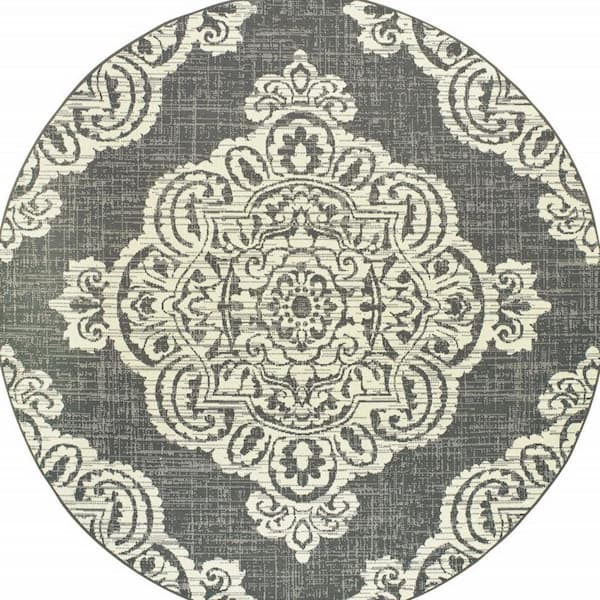 Gray, Ivory 8 ft. x 8 ft. Loomed Oriental Polypropylene Round Indoor/Outdoor Area Rug
