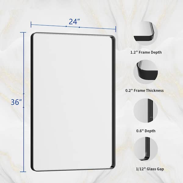 24 in. W x 36 in. H Rectangular Aluminum Alloy Framed Rounded Modern Black Wall Mirror