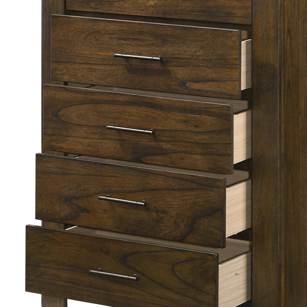 Oak Brown 5-Drawer Vertical Chest with Dovetail Drawers