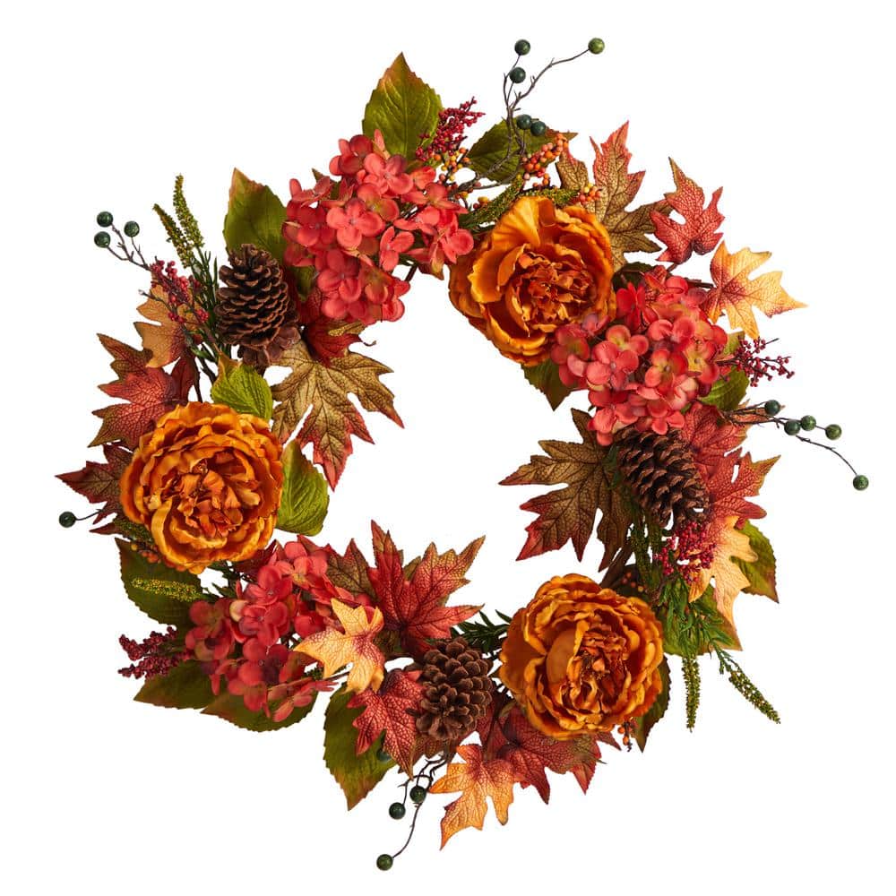 25 in. Orange Fall Ranunculus, Hydrangea and Berries Autumn Artificial Wreath price history on PriceWatchPro