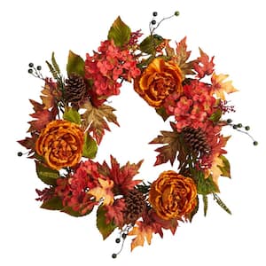 25 in. Orange Fall Ranunculus, Hydrangea and Berries Autumn Artificial Wreath