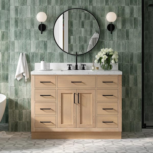 Hepburn 48.25 in. W x 22 in. D x 36 in. H Single Sink Bath Vanity in Oak with Carrara White Quartz Top