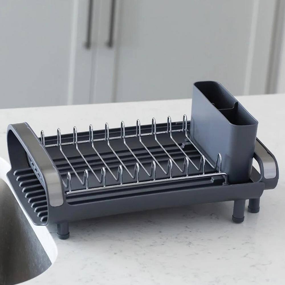 Compact Gray Metal Foldable Dish Rack with Utensil Cup