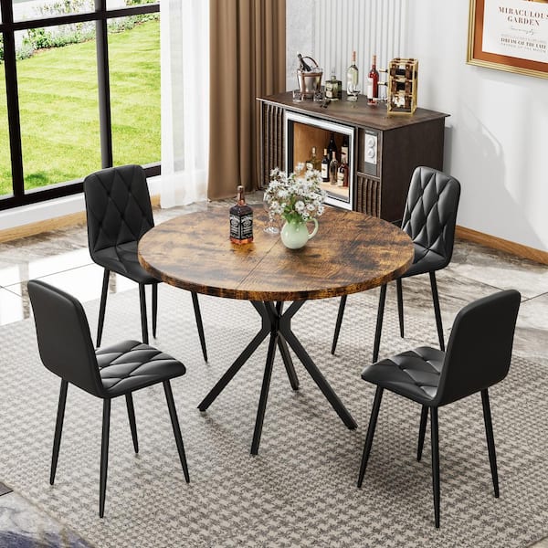 Modern Kitchen Dining Room PU Upholstered Cushion Seat Sturdy Metal Leg Chairs Black Leather Dining Chairs Set of 4
