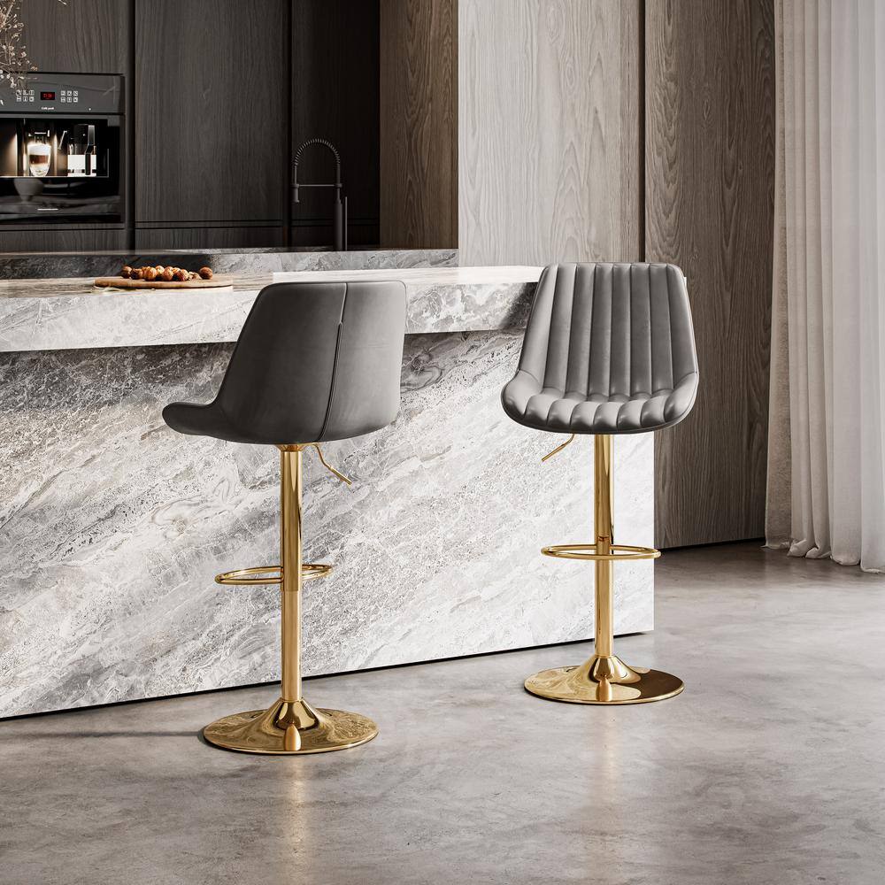 Adjustable Grey Vegan Leather Swivel Bar Stools with Gold Base - Set of 2