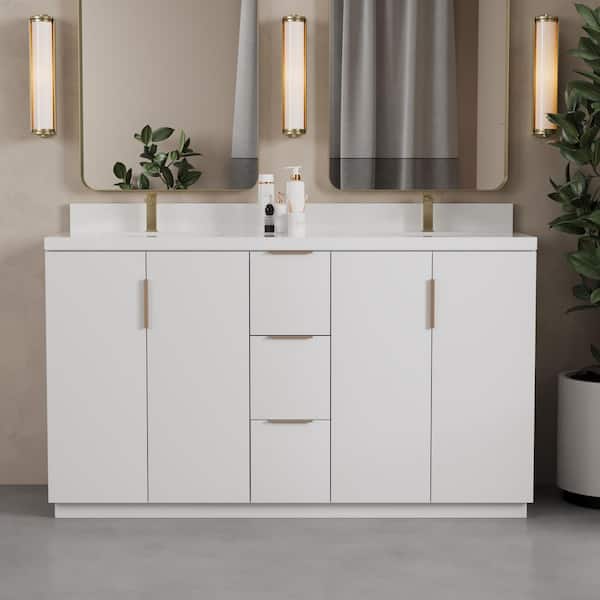 Bergen 60in. Double Sink, White Bath Vanity with White Engineered Stone Top.
