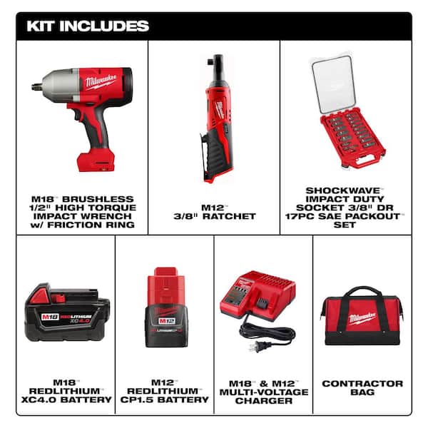 M12/M18 12/18V Lithium-Ion Cordless 3/8 in. Ratchet & 1/2 in. Impact Wrench Combo Kit w/Socket Set (17-Piece)