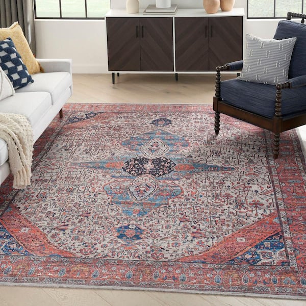 Machine Washable Brilliance Ivory/Brick 5 ft. x 7 ft. Center Medallion Traditional Area Rug