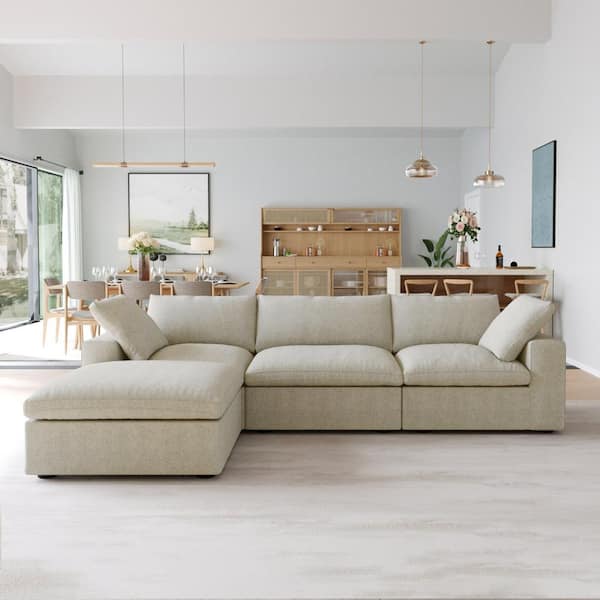 J&E Home 120 in. W Square Arm Linen Velvet 3-Seater Modular Free Combination Loveseat Sofa with Ottoman in Light Brown