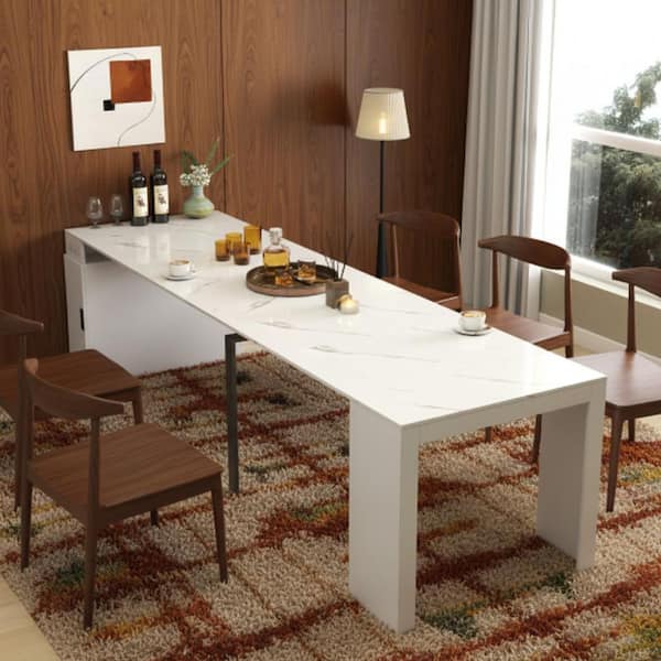 AFGU Marble White Expandable Dining Table with Built-in Outlet, 23.62 in. W (Expands to 118.11 in. L) x 29.53 in. H