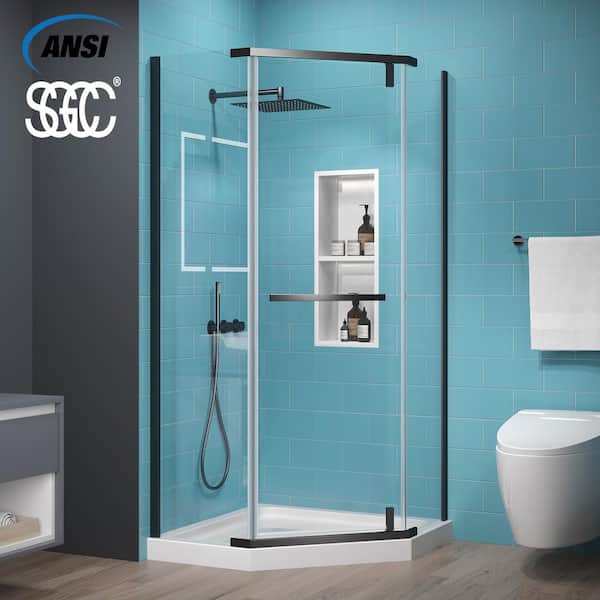 ES-DIY 36 in. W x 72 in. H Neo Angle Pivot Semi Frameless Corner Shower Enclosure in Black without Shower Base