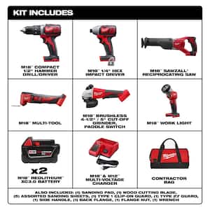 M18 18V Lithium-Ion Cordless Combo Kit with Two 3.0Ah Batteries, 1-Charger (4-Tool) with Multi-Tool & Grinder