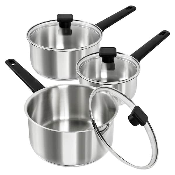 3-Piece 1 qt 2 qt 3 qt Stainless Steel Nonstick Saucepan Set with Glass Lids Induction Compatible Silver