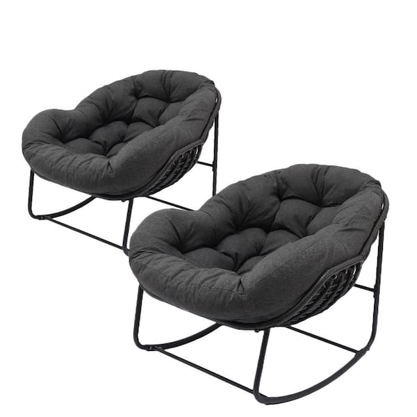 Cesicia 2-Piece 38 in. W Metal Outdoor Rocking Chair with Gray Cushion for Front Porch, Patio, Garden, Living Room