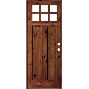 32 in. x 96 in. Craftsman Knotty Alder Left-Hand/Inswing 6-Lite Clear Glass Red Chestnut Stain Wood Prehung Front Door