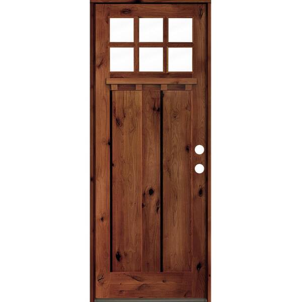 null 32 in. x 96 in. Craftsman Knotty Alder Left-Hand/Inswing 6-Lite Clear Glass Red Chestnut Stain Wood Prehung Front Door