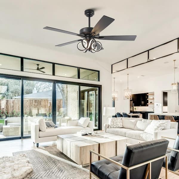 Modern 52 in. Indoor Dimmable Integrated LED Black Downrod Mount Ceiling Fan with Light and Remote Control