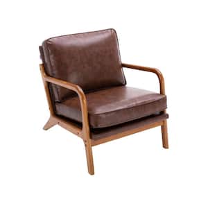 PU Leather Armchair, Wooden Leisure Chair, Single Sofa Chair with Backrest and Cushion, Living Room Reading Chair, Brown