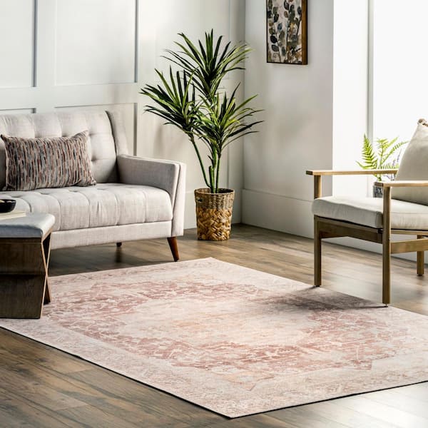 Rosa Machine Washable Light Pink 9 ft. x 12 ft. Distressed Vintage Medallion Traditional Area Rug