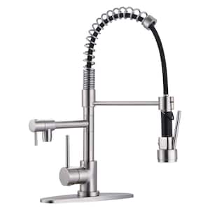 Single Handle 2-Spout Spring Pull Down Sprayer Kitchen Faucet with Lock in Brushed Nickel