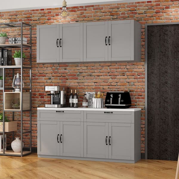 63 in. W x 17.5 in. D x 55.1 in. H Ready to Assemble Wood Kitchen Cabinet in Gray with 8 Shelves & 2 Drawers(2 Parts)